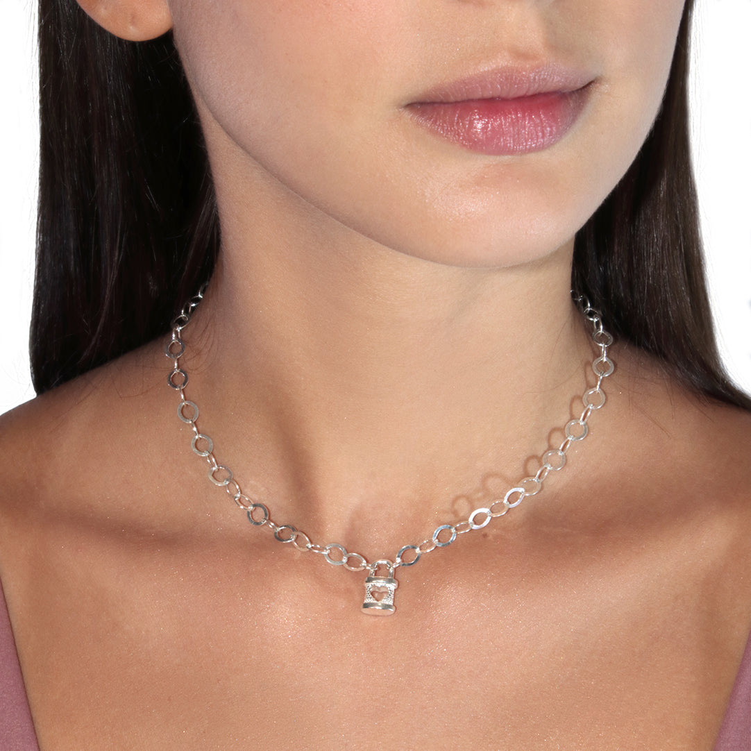 Collar Duo Corazón y Candado para mujeres de plata .925 parejas casual elegante - Glowa