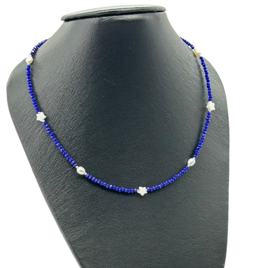 collar de cristal azul perla glowa plata 