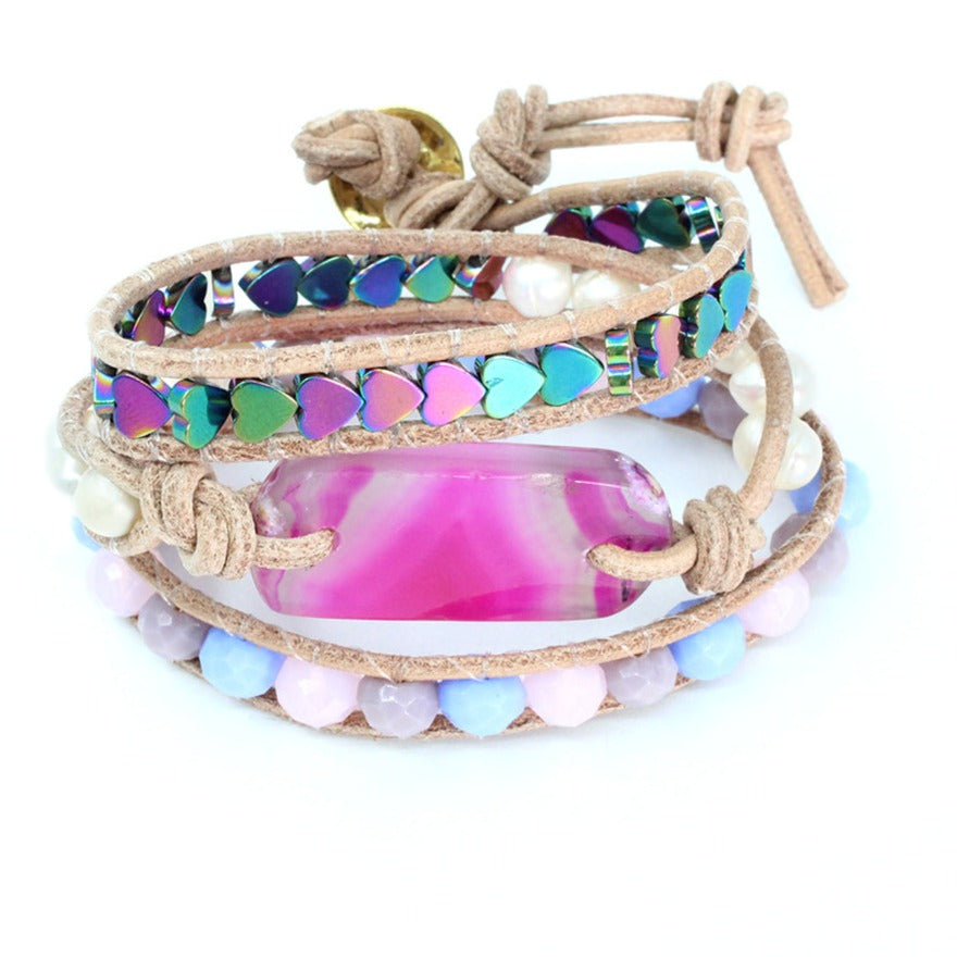 Pulsera Paraiba rosada piedra agata perla cristal tejida ajustable para mujer baño de oro enchapado 24k  corazones artesanal  - Glowa