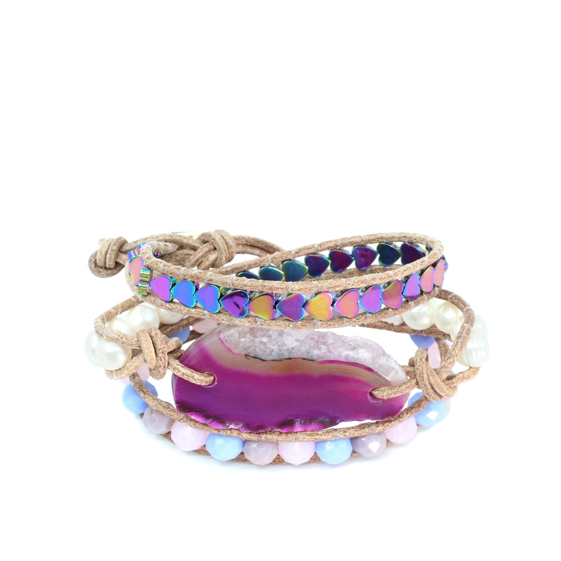Pulsera Paraiba rosada piedra agata perla cristal tejida ajustable para mujer baño de oro enchapado 24k  corazones artesanal  - Glowa