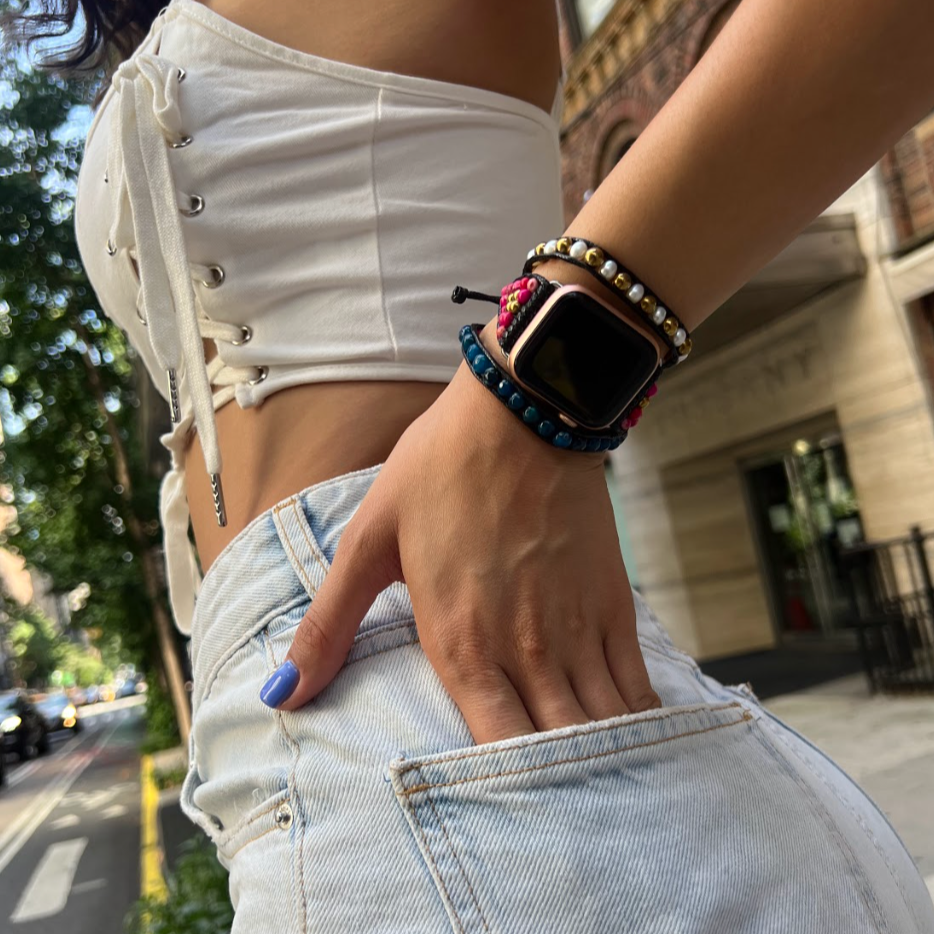 Correa watch jaspe fucsia  rosado turquesa perla38/40/41 mm - Glowa correa reloj watch tejida mujer unisex ajustable casual moda baño de oro dorado correa reloj Glowa apple watch serie 7 8 3 ultra SE mujer hombre unisex