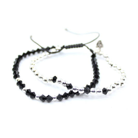 Pulsera Bohemia negra cristal checo para mujer y hombre unisex  plata .925 casual ajustable - Glowa