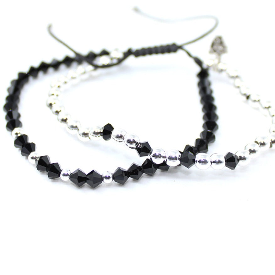 Pulsera Bohemia negra cristal checo para mujer y hombre unisex  plata .925 casual ajustable - Glowa