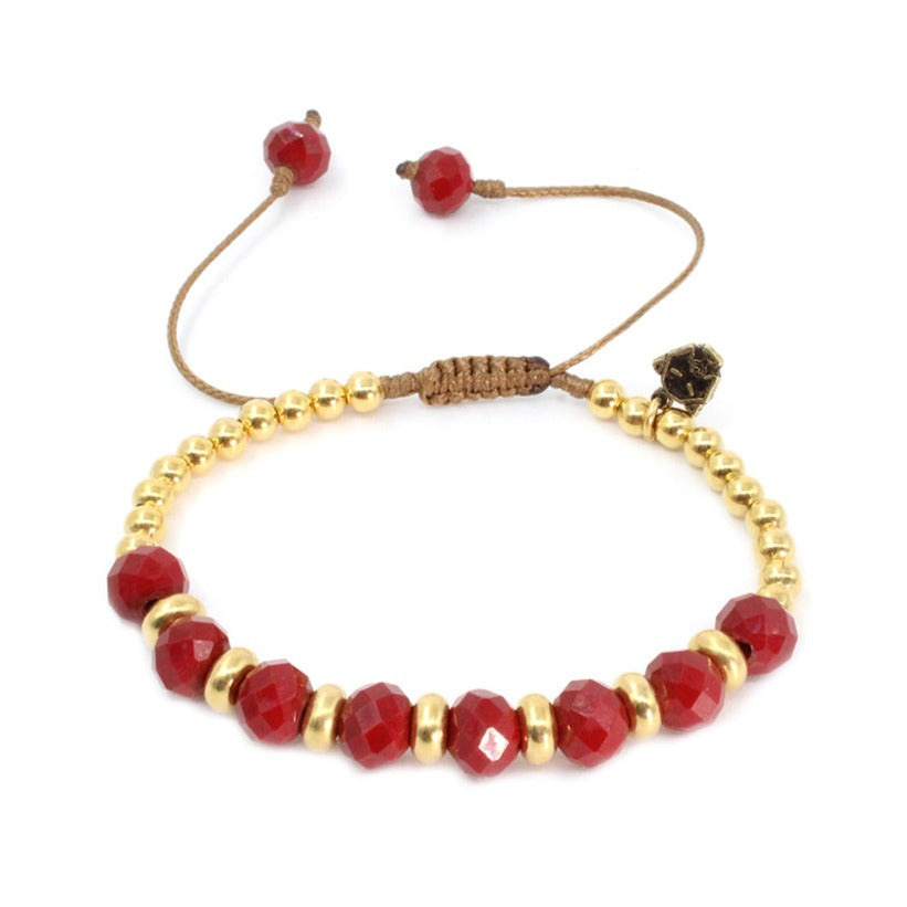 Pulsera de Cristal Checo Rojo Vino y baño de oro 24k enchapado para mujer ajustable hombre regalo día de las madres mamá mama - Glowa